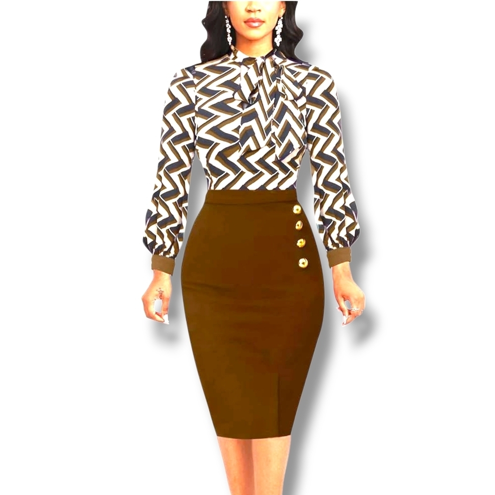 KNOLT - XX-L Classy Casual Striped Print Work Dress (A Brown) - Picture 5 of 10